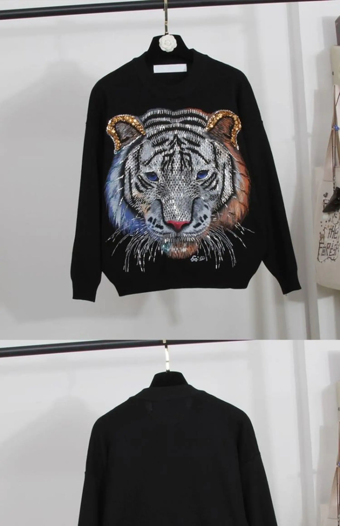 2024 Autumn Winter New European Pant Sets Fashion Tiger Head Bead Loose Knitted Sweater Radish Pants Set Women's Two-piece Set