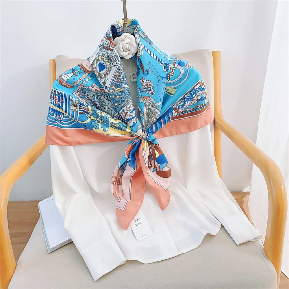 Twill Headscarf for Women Chain Geometric Print 90*90cm Square Scarf Hijab Bandana Female Neckerchief Hand Shawl Wraps Echarpe