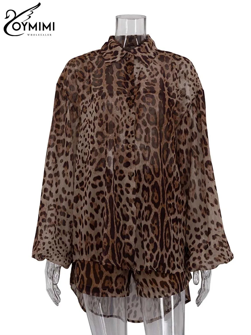 Oymimi Fashion Brown Leopard Print Sets For Women 2 Pieces Elegant Puff Sleeve Button Shirts And Drawstring Shorts Female Sets