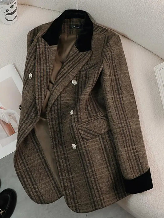 Vintage Women (BlzSuit) Autumn Winter Gray Plaid High-end Blazer Jacket French Brown Striped Double Breaste Office Ladies Long Sleeve Coat