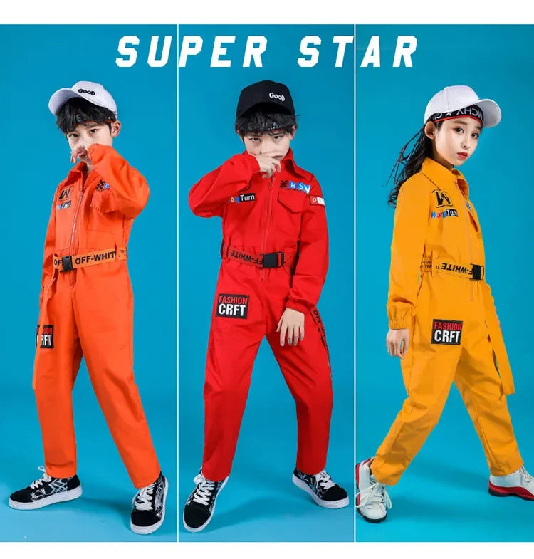 Kids Boys Girls Long Sleeve Casual Jumpsuit Cargo Pant Children Teenager Streetwear Hip Hop Playsuits Dance Stage Show Clothing