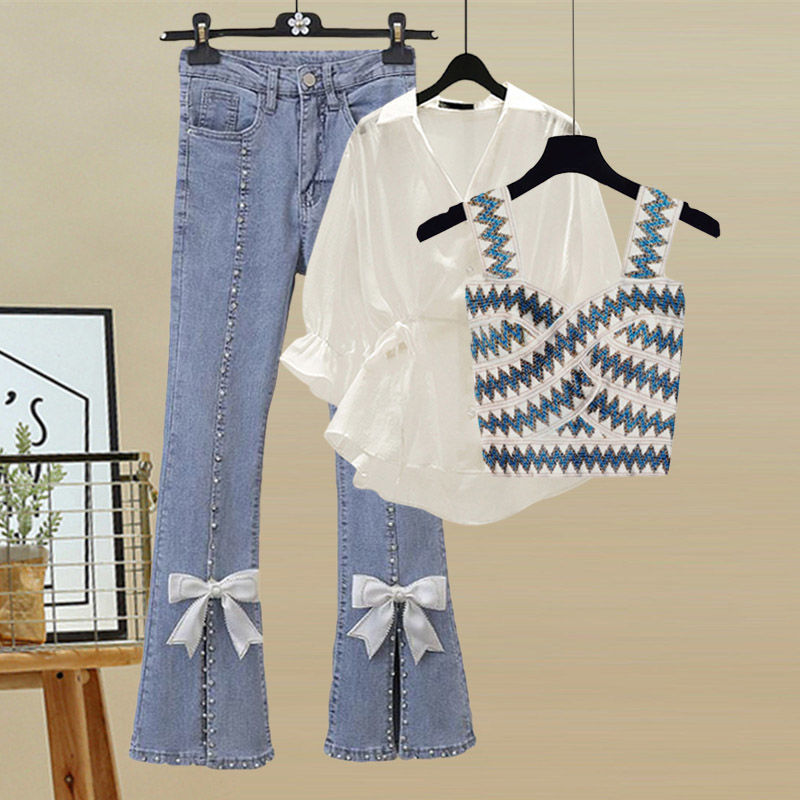 Spring/Summer Fashion Women Three Piece Set Temperament Chiffon Shirt Small Fragrant Knitted Back Temperament Split Jeans