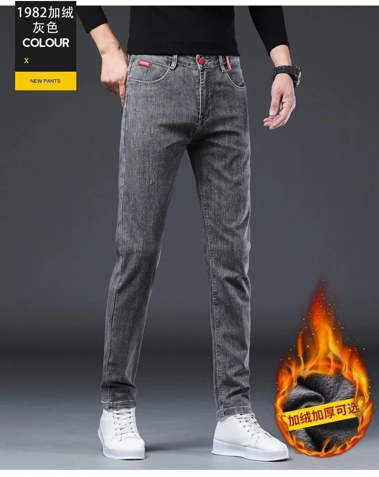 2024 Winter New Fashion Plus Fleece Thick Warm Jeans Men's Casual Relaxed Comfortable Stretch High Quality Plus-Size Pants 28-36