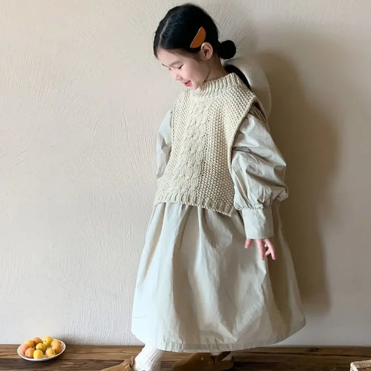 2024 Autumn Dress Girls Korean Solid Color Bubble Sleeve Dress Childrens Loose Skirt Knitted Vest Set