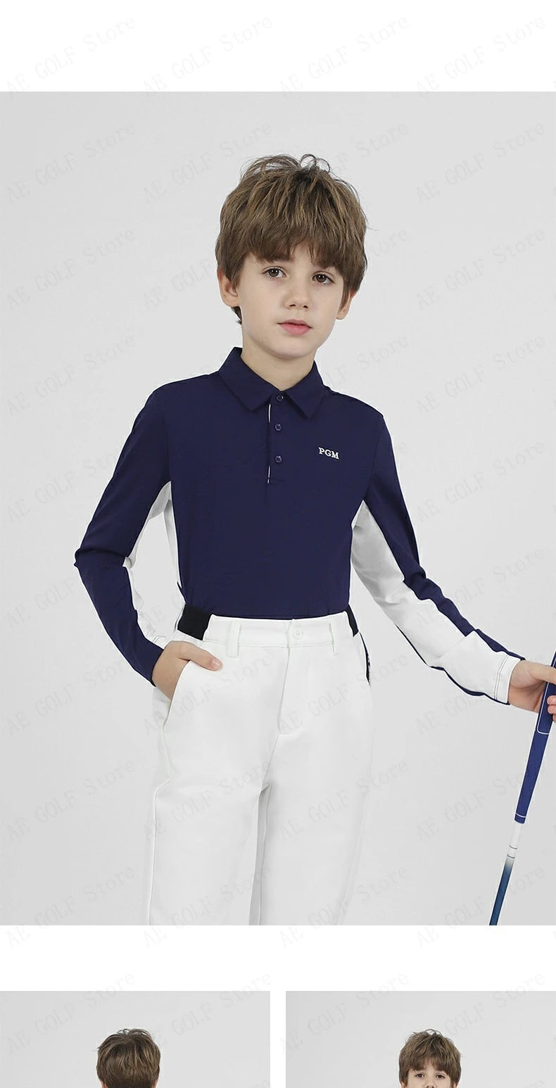 PGM Children's Golf Long Sleeve T-shirt Golf Wear for Kids Boys Shirts Soft Lapel Design Fashion Leisure Sports Top YF542