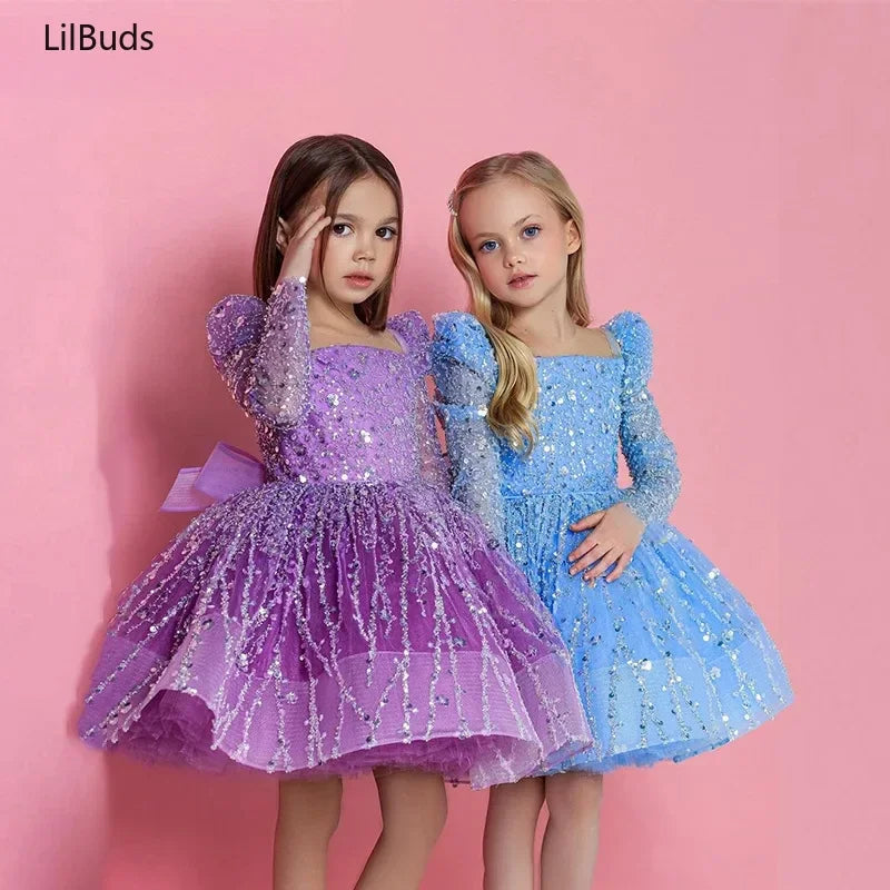 2024 Girls Dress Sequin Mesh Long-sleeved Birthday Party Outfit  New children's Clothes Matching Baby Opening Ceremony Prom