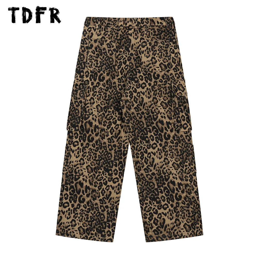 Leopard Print Cargo Pants Mens Multi-Pocket Retro Streetwear Straight Loose Wide Leg Trousers Men
