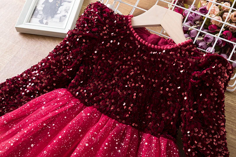 Sequin Girls Princess Party Dresses for 3-8 Yrs Kids Birthday Wedding Evening Prom Gown Spring Fall Long Sleeve Children's Dress