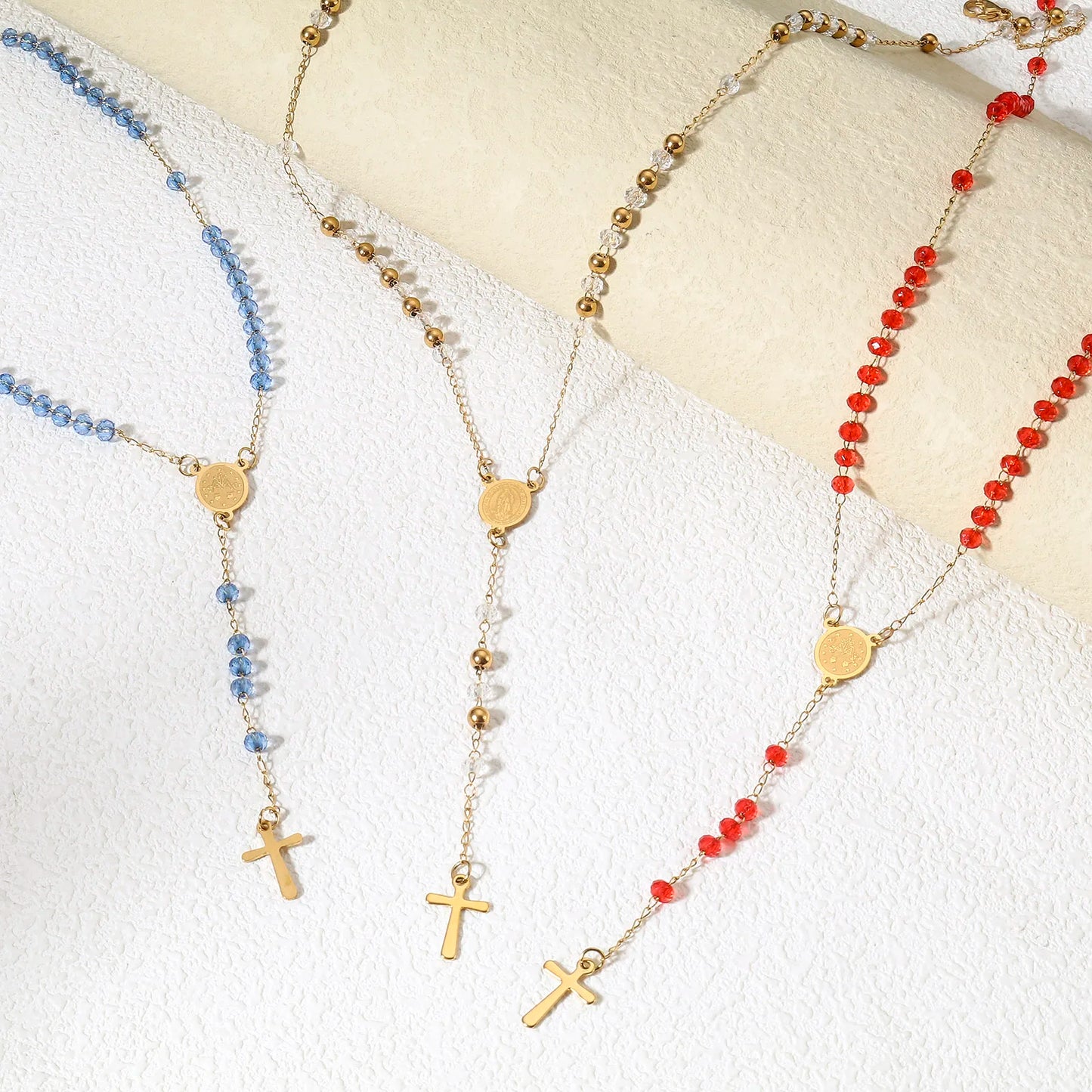 1 Piece 304 Stainless Steel & Glass Religious Handmade Link Chain Necklace Gold Color Cross Virgin Mary Charm 54cm(21 2/8") long