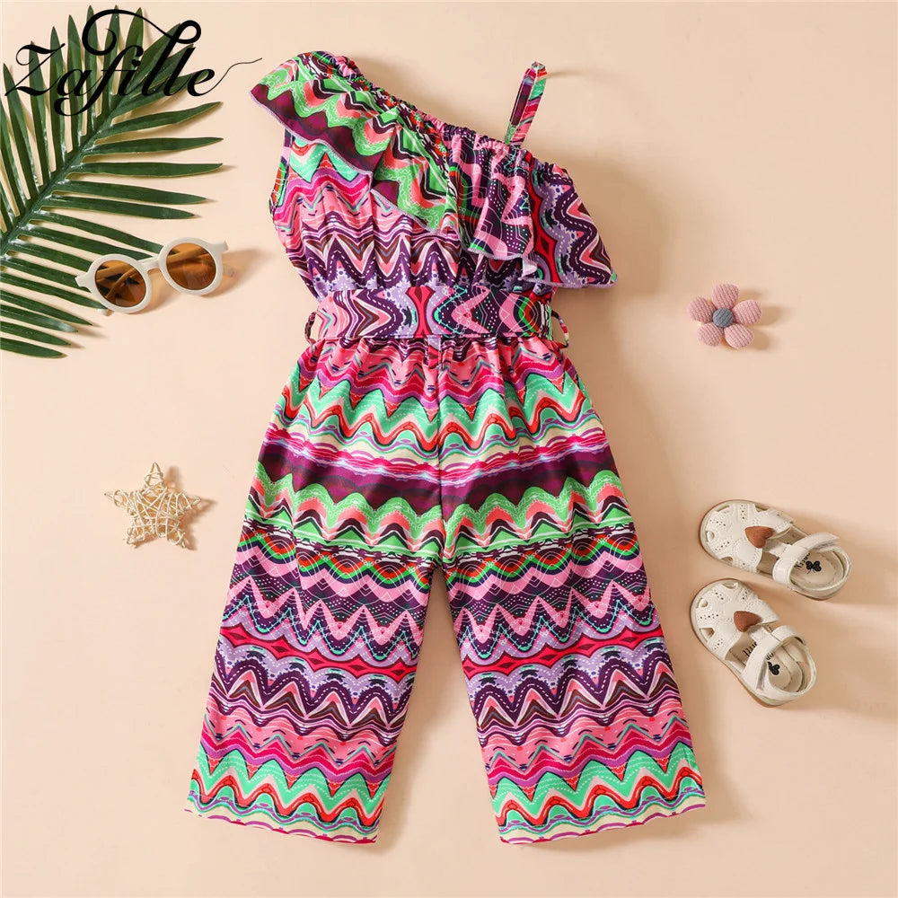 ZAFILLE Baby Playsuit Striped Belted Girl Jumpsuit For Kids 2023 Off Shoulder Summer Overalls For Children Toddler Girl Clothes