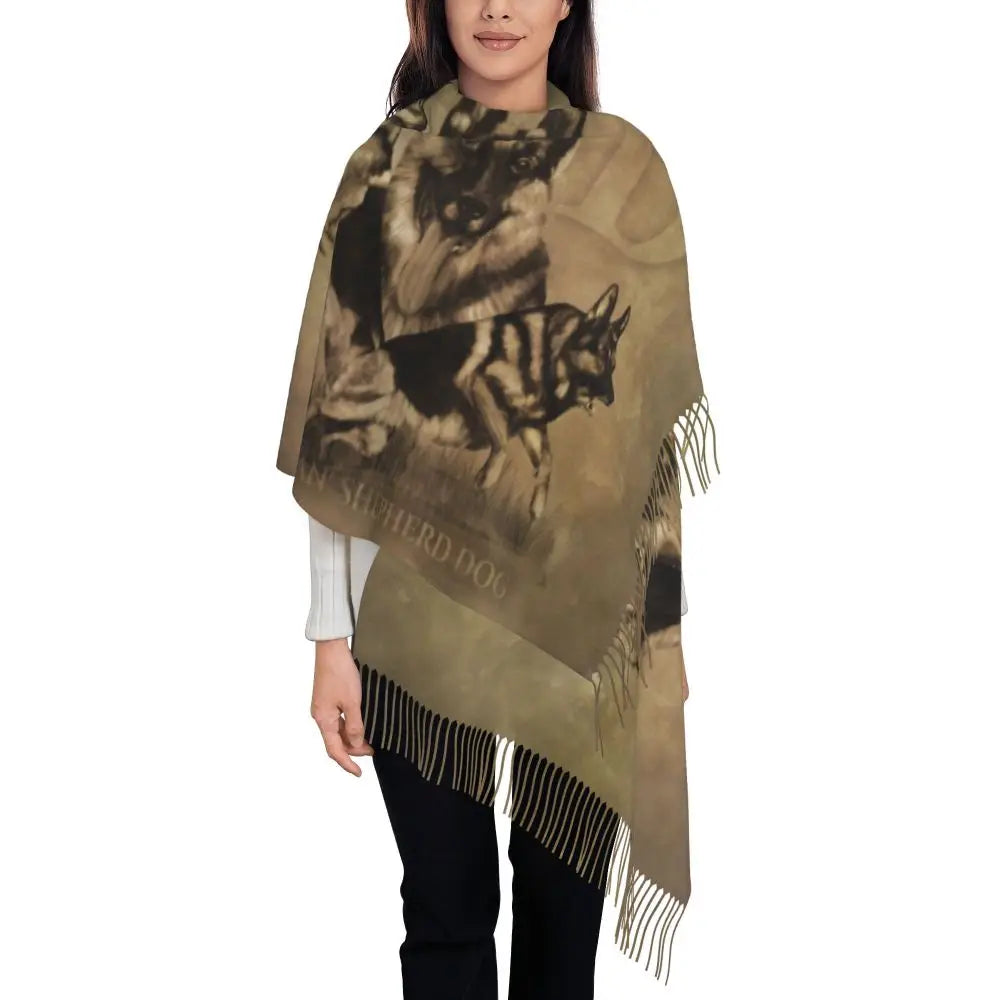 German Shepherd Courage Scarf Wrap Women Long Winter Fall Warm Tassel Shawl Unisex Alsatian Wolf Dog Lover Scarves