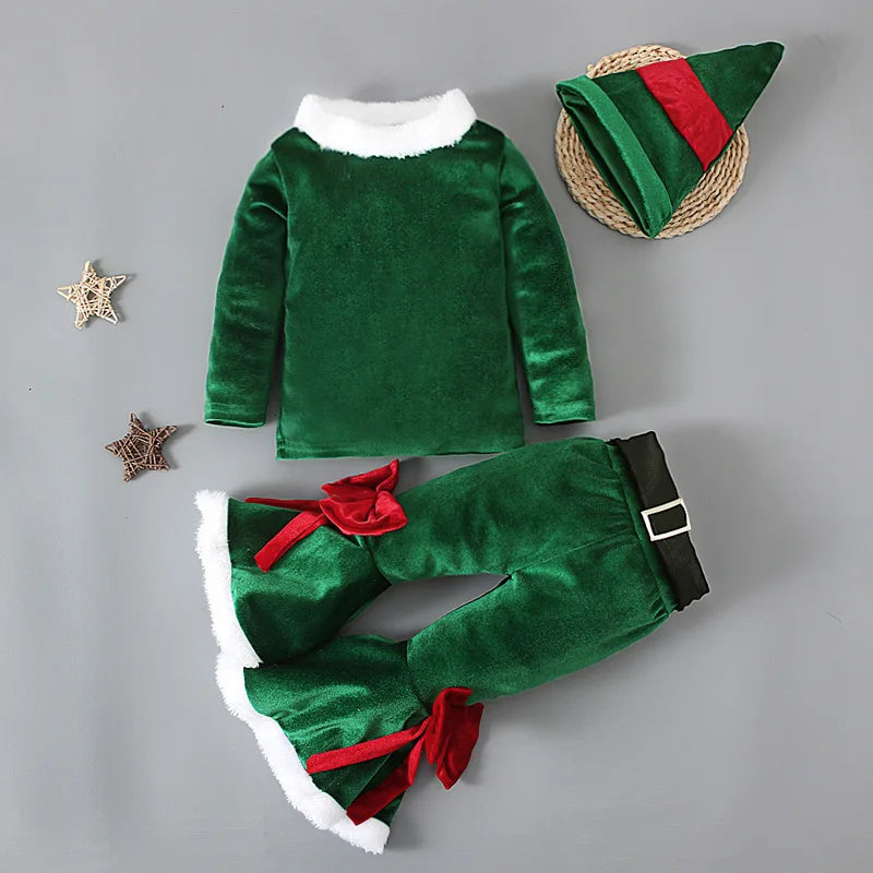 Baby Girls Christmas Cosplay Santa Claus Long Sleeve Red Bell Bottom Velvet Suit Carnival Party Kid Costume Top+Pant+Cap Clothes