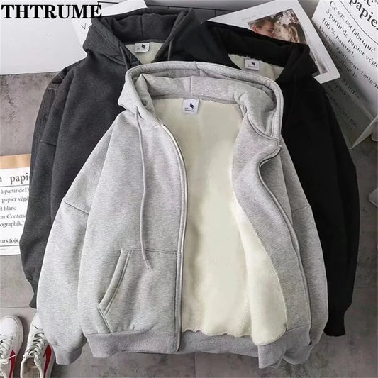 Elegant Women Chic Hoodies Fashion Autumn Winter Fleece Long Sleeve Solid Color Hooded Top Casual Office Lady Zipper Sweatshirts