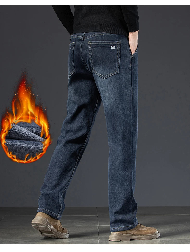 New Winter Men's Velvet Nostalgic Straight Jeans High Quality Thickened Warm Denim Pants Male Brand Loose Trousers