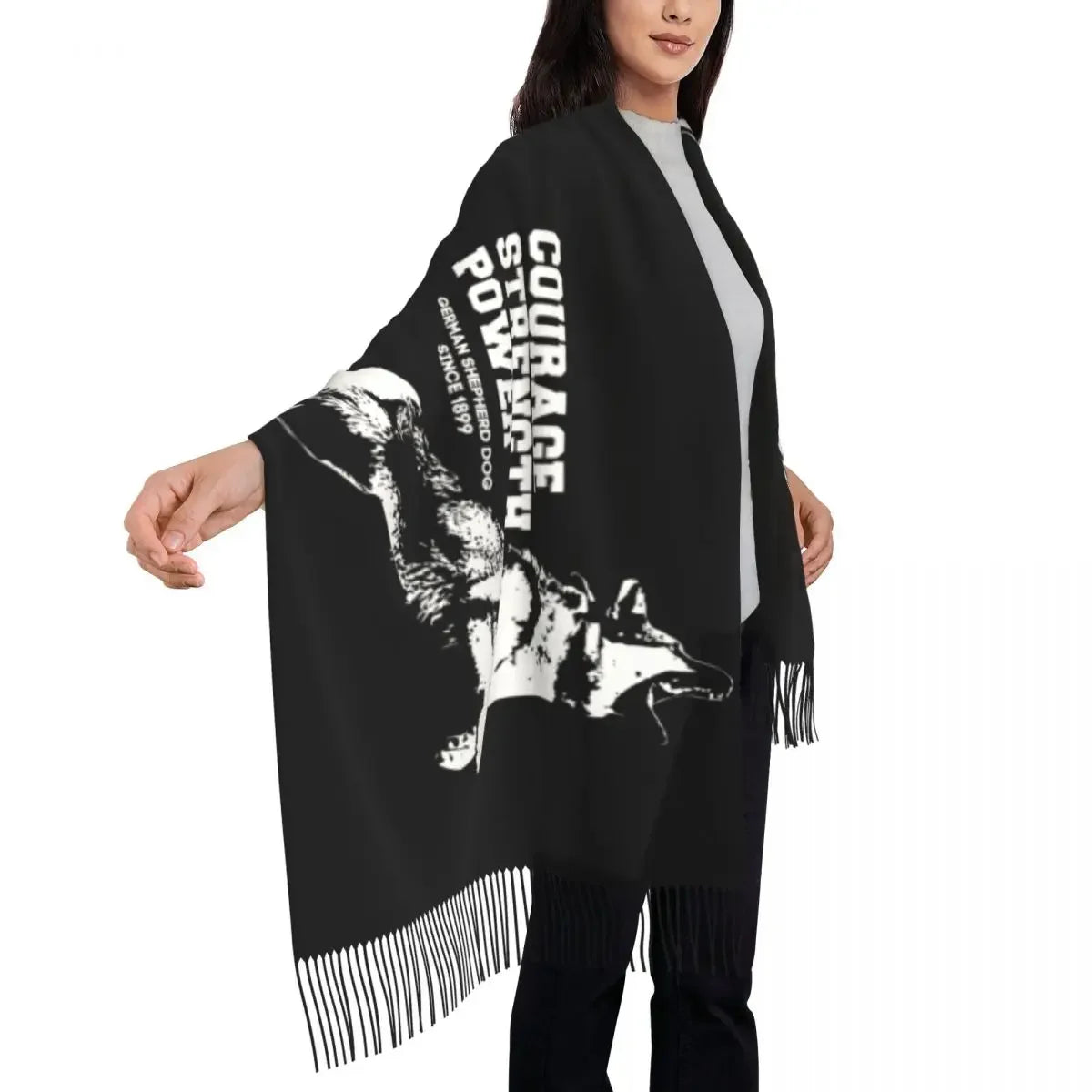 German Shepherd Courage Scarf Wrap Women Long Winter Fall Warm Tassel Shawl Unisex Alsatian Wolf Dog Lover Scarves