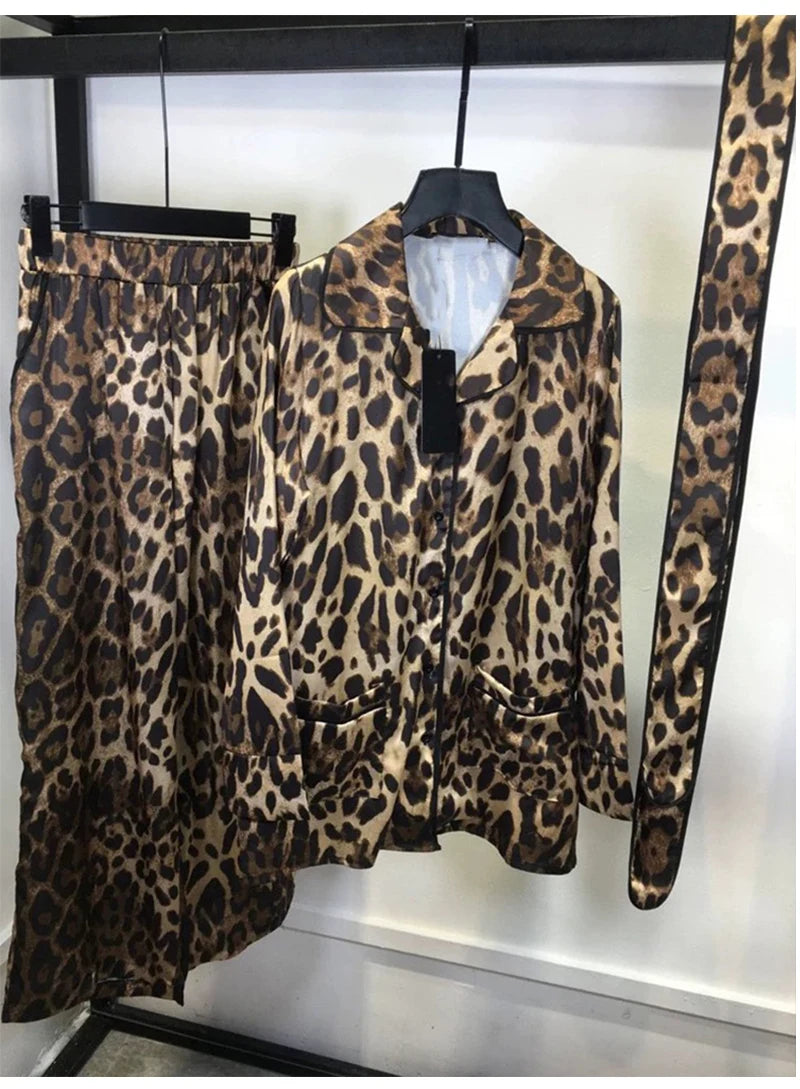 Autumn new Leopard print lapel long sleeve lace-up shirt women's two-piece suit+high waist wide leg trousers fashion suit