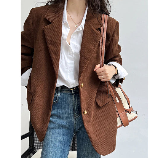 (BlzSuit) Women Autumn Blazer Coat Turn Down Collar Fashion Corduroy Blazer Feminino Coat Casaco Feminino Chic Tops For Women Clothes