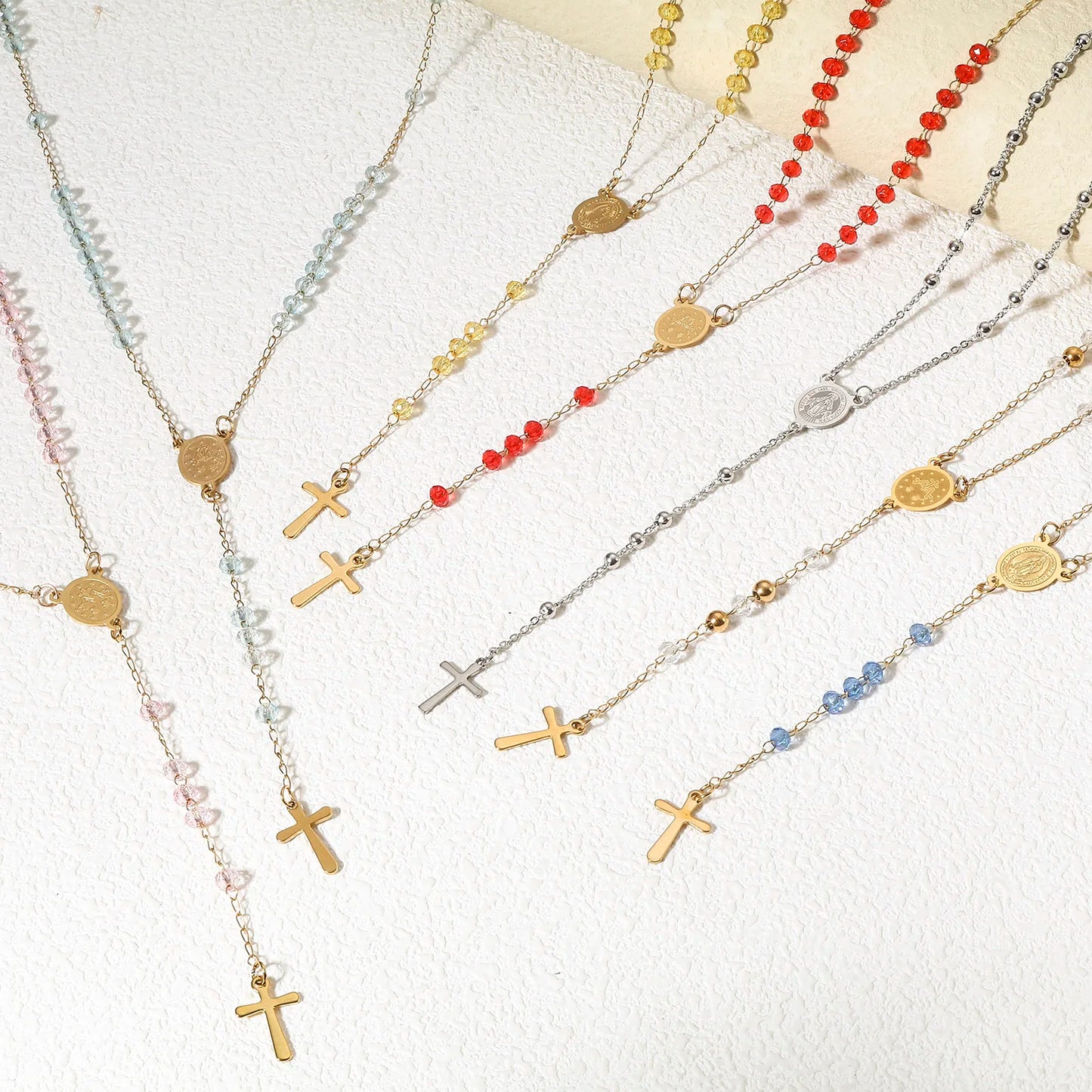 1 Piece 304 Stainless Steel & Glass Religious Handmade Link Chain Necklace Gold Color Cross Virgin Mary Charm 54cm(21 2/8") long