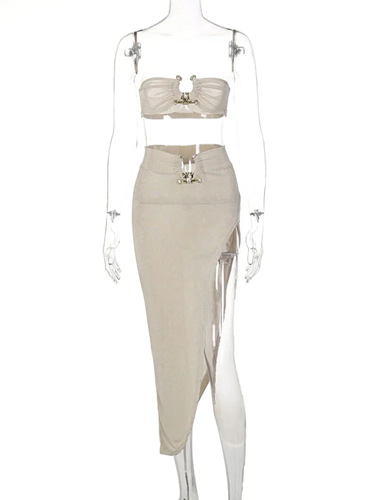 Elegant Sexy Bandeau Top with Slit Asymmetrical Skirt Two Piece Set Women Summer Party Festival Matching Sets Orange