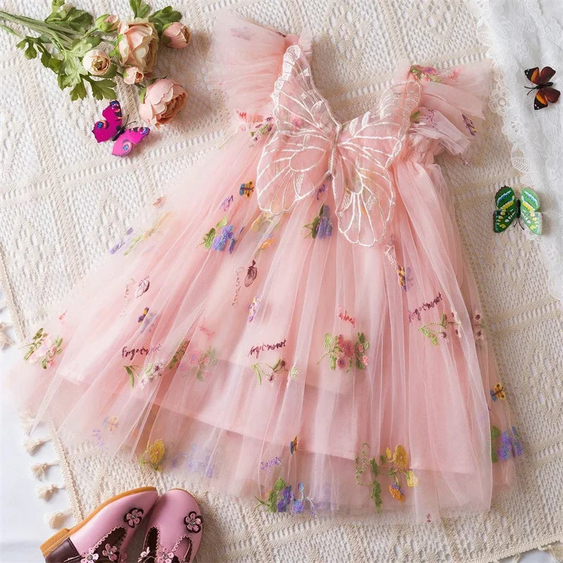 0-5 Years Girls' Dress Butterfly Dress for Summer New Flying Sleeve Mesh Princess Dress Baby Girls Floral Embroidery Clothes