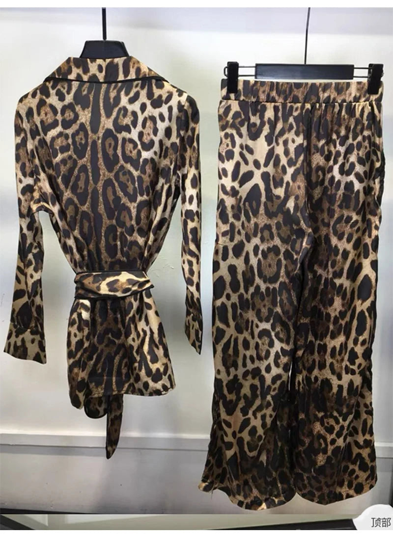 Autumn new Leopard print lapel long sleeve lace-up shirt women's two-piece suit+high waist wide leg trousers fashion suit