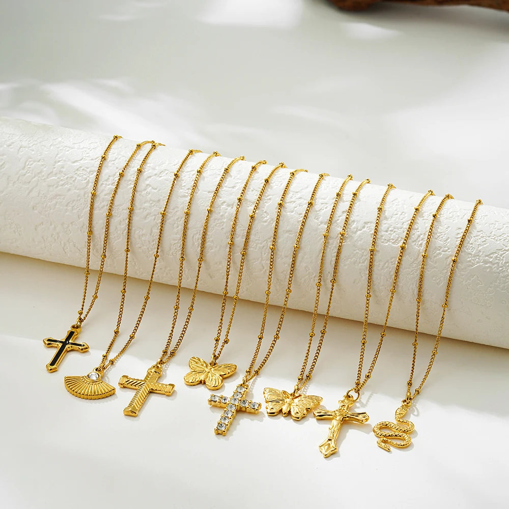 New Trendy Gold Color Cross Butterfly Snake Pendant Necklace for Women Creative Chain Collar Neckalces Stainless Steel Jewelry