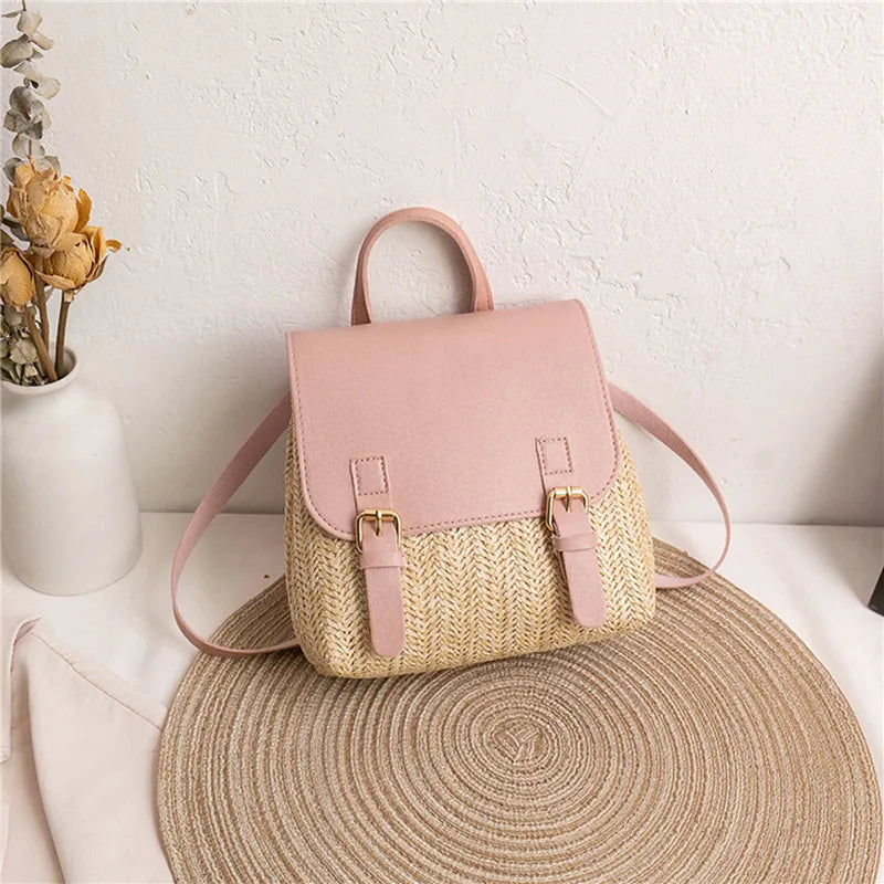 Fashion Women's Shoulder Bag Vintage Straw Woven Bag PU Leather Shoulder Bag Elegant Luxury Versatile Designer Backpack Mochilas