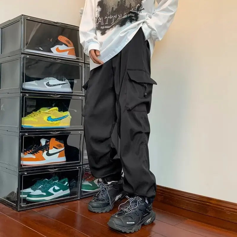 Cargo Pants Men Baggy Pleated Multi Pockets American Style Males Trousers Hip Hop Skateboard Boys High Street Autumn All-match
