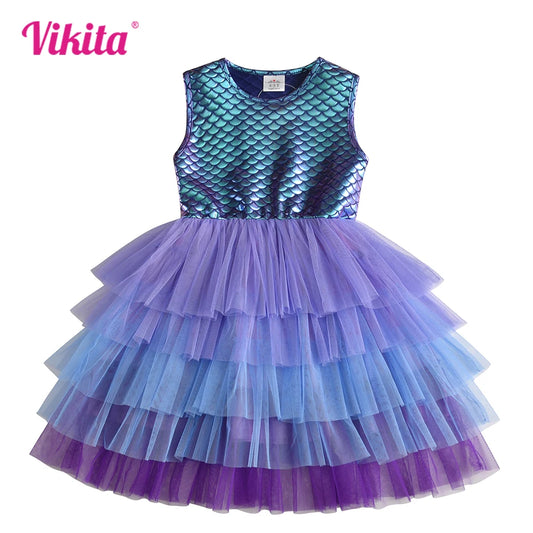 VIKITA Girls Mermaid Print Summer Sleeveless Dresses Girls Birthday Party Prom Gown Princess Dress Kids Layered Cake Tutu Dress