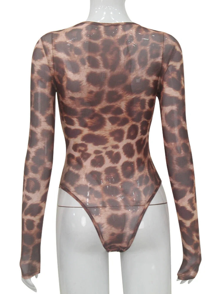 Ahagaga Fashion Club Leopard Printed Sexy Women Bodysuits Casual O-neck Slim Sheath Rompers T Shirts Streetwear Full Sleeve Tops