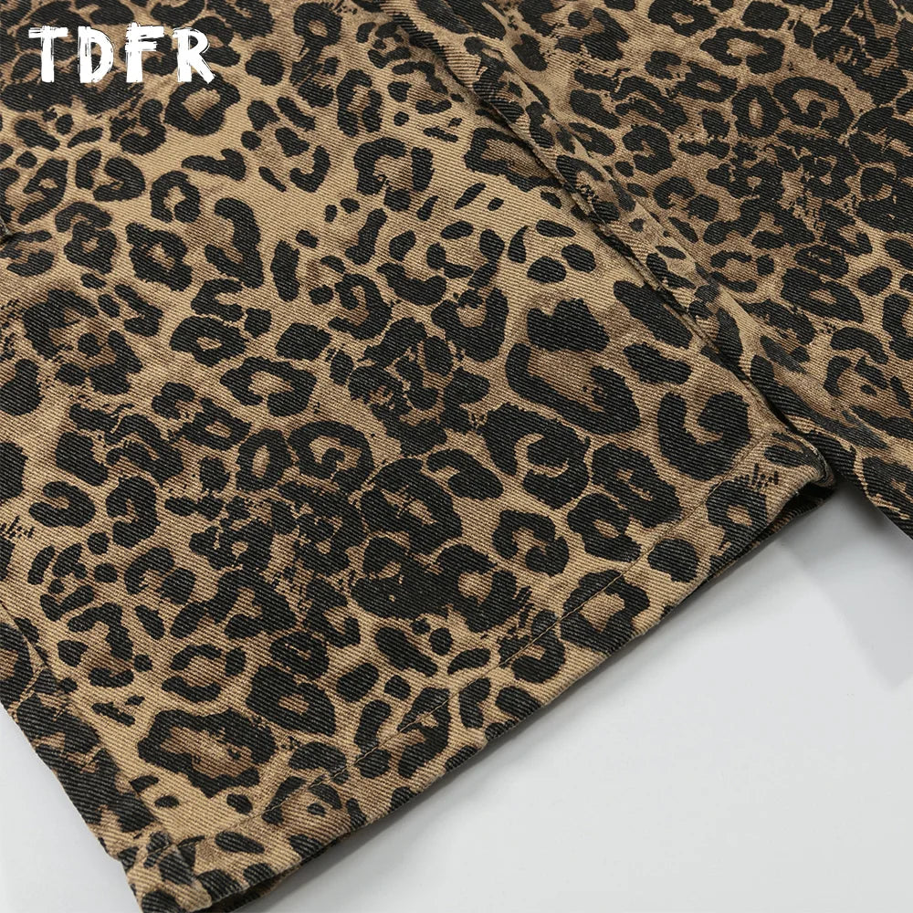 Leopard Print Cargo Pants Mens Multi-Pocket Retro Streetwear Straight Loose Wide Leg Trousers Men