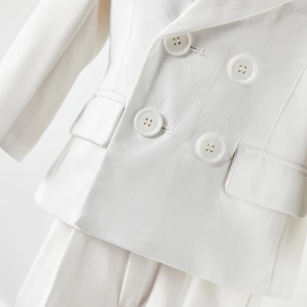 Young child Boy White Suit Baptism Birthday Party Photograph Clothes Dress Baby Jacket Straps Pants Bowtie 3PCS Eid Kids Attire