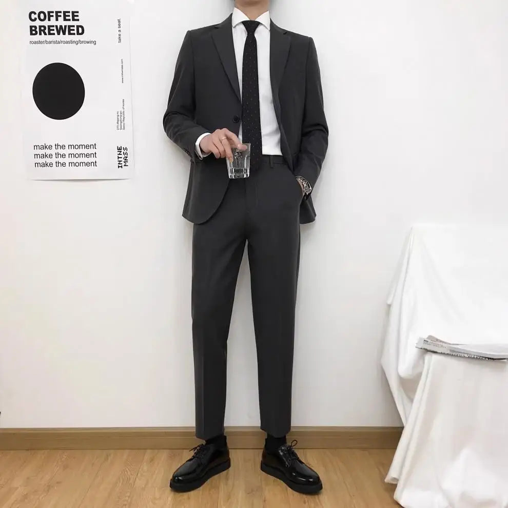 Mens Suits (SB) (Blazer+ Pants) Fashion Business Casual Slim-fit Wedding Solid Color Gentleman British Style Work Evening Dress 6XL