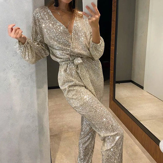 Sexy V-neck Glitter Sequin Shiny Jumpsuits Women Spring Lace-up Slim Straight Playsuit Rompers Autumn Long Sleeve Party Overalls