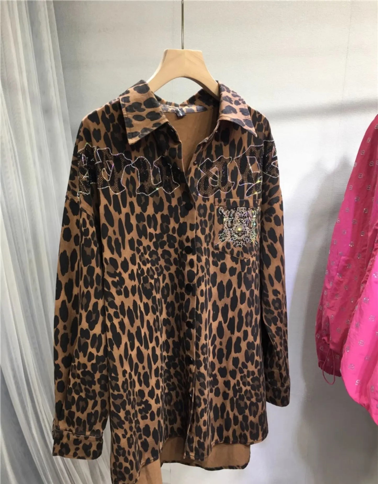 European Goods Heavy Industry Hot Diamond Shirt Women Domineering Tiger Head Leopard Print Cardigan Loose Autumn and Winter Coat