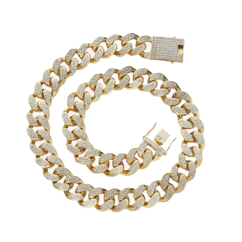 Miami Curb Cuban Chain Necklace Bracelet Women Men 20mm Big Gold Color Iced Out Paved Rhinestones Hip Hop Jewelry Set Box Clasp