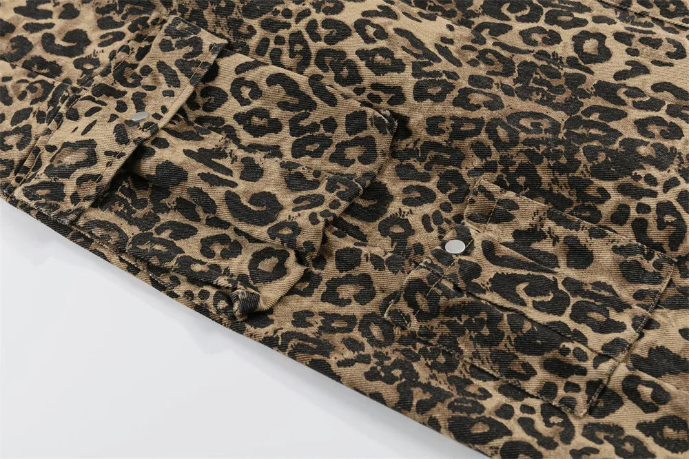 Leopard Print Cargo Pants Mens Multi-Pocket Retro Streetwear Straight Loose Wide Leg Trousers Men