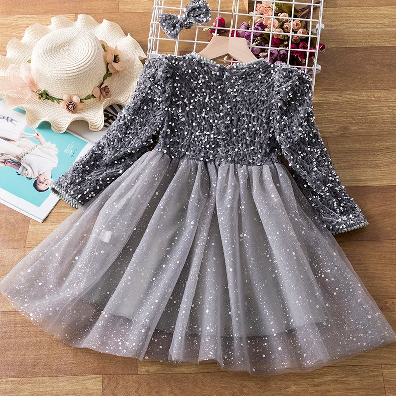 Sequin Girls Princess Party Dresses for 3-8 Yrs Kids Birthday Wedding Evening Prom Gown Spring Fall Long Sleeve Children's Dress