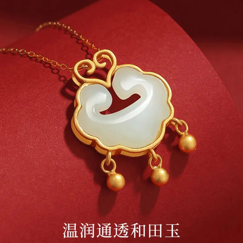 Long-life Lock Necklace Female Light Luxury National Wind Peace Ruyi Pendant Plated 100% Real Gold 24k 999 White Jade Keybone Ch