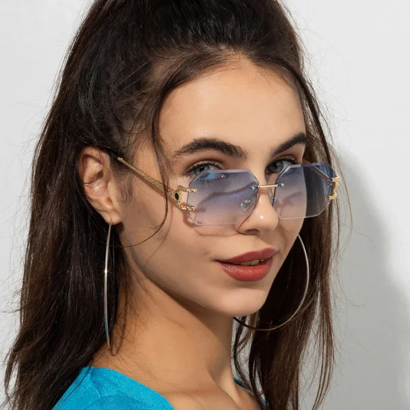 Retro Sunglasses Women Rimless Polygon Sun Glasses Fashion Shades Square Cutting Lens Ladies Frameless Eyeglasses