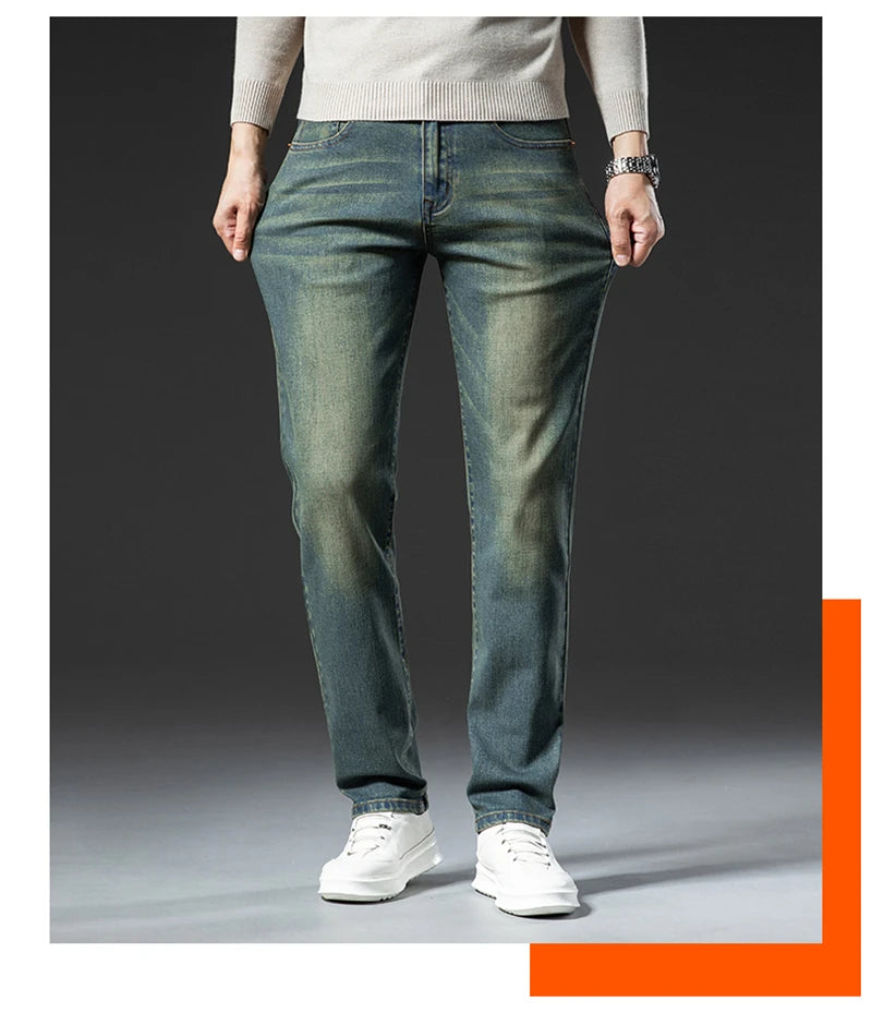 Winter New Men's Brand Thick Brushed Jeans Casual Elastic Comfortable Straight Fashion Retro Fleece Denim Trousers