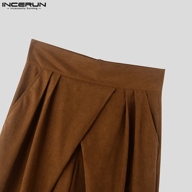 INCERUN American Commuting Men Long Loose Pants 2024 Handsome Boy High Waist Solid Color Trousers Fold Cross Wide Leg Bottoms