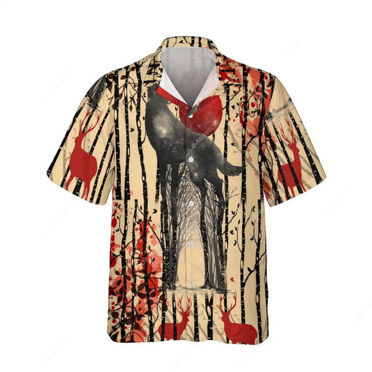 Jumeast 3D Red Riding Hood Wolf Men Hawaiian Shirts Shorts Suit Beach Deer In Birch Tree Forest Women Blouse Vintage Clothes