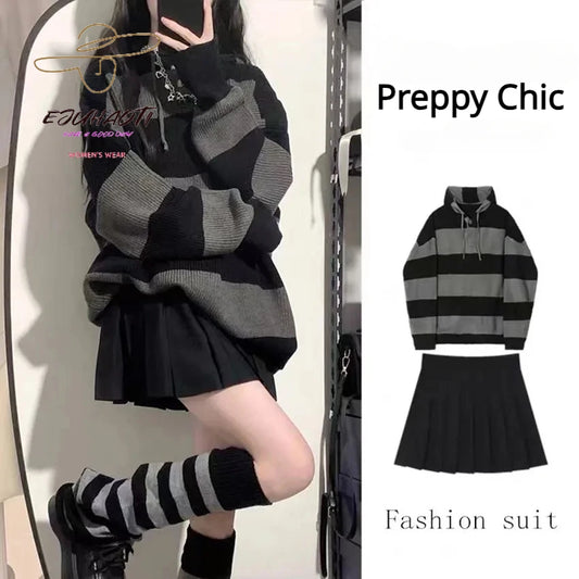 Preppy Chic Girls Knitwear Pleated Skirt Sets Lazy Wind Student Ripped Striped Sweater Dress Two Piece Y2k Clothes Free Shipping