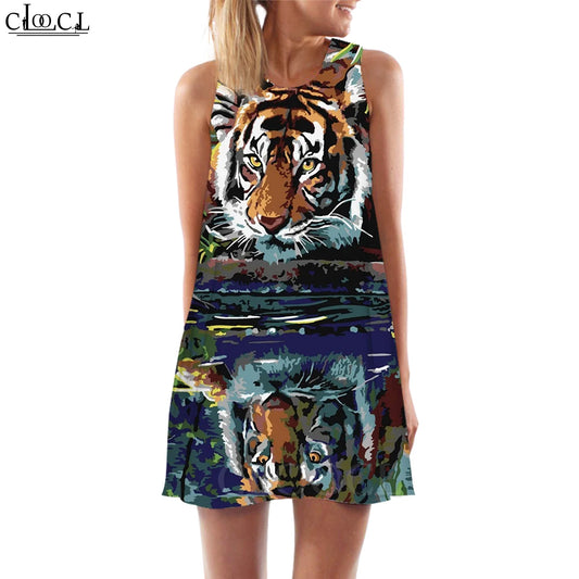 CLOOCL New Fashion Women Tank Dress Watercolor Tiger Printed Vest Dress Sleeveless Short Dress Evening Dresses Women Clothing