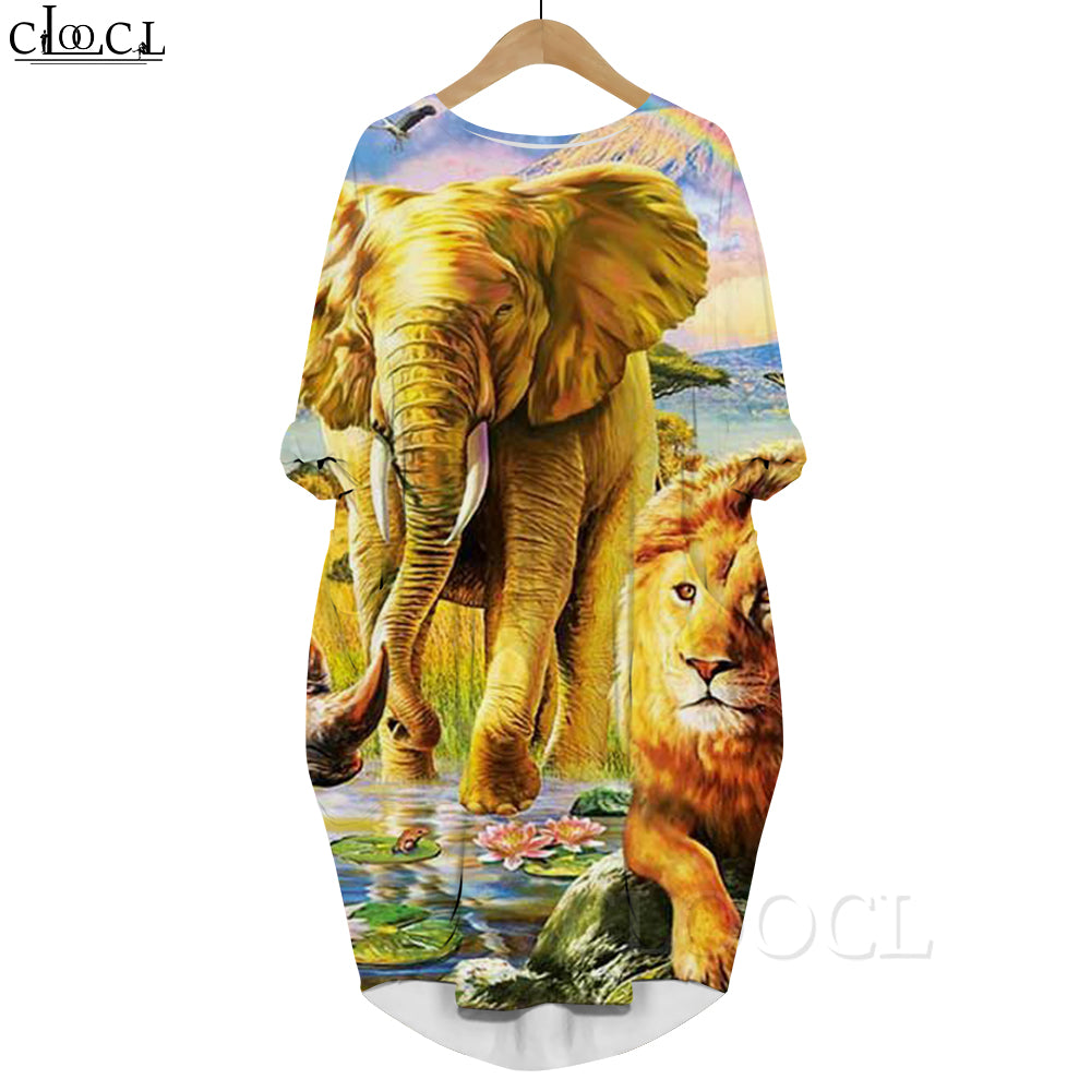 CLOOCL 2022 New Fashion Golden Lion Printed Dress Animal Long-sleeve Pockets Dress Party Dresses Female Clothes Harajuku Style