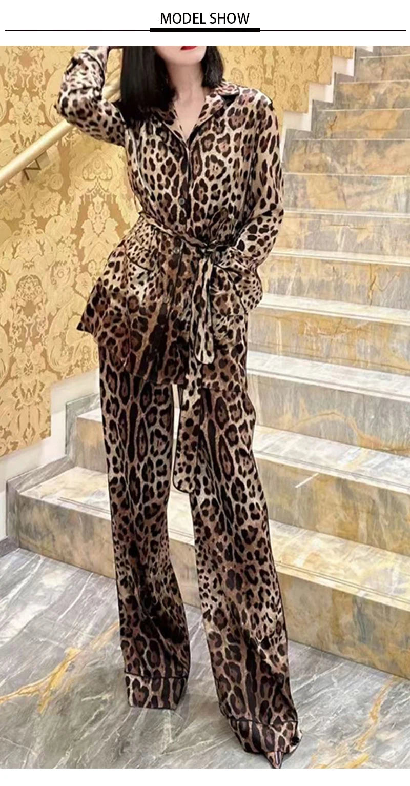 Autumn new Leopard print lapel long sleeve lace-up shirt women's two-piece suit+high waist wide leg trousers fashion suit