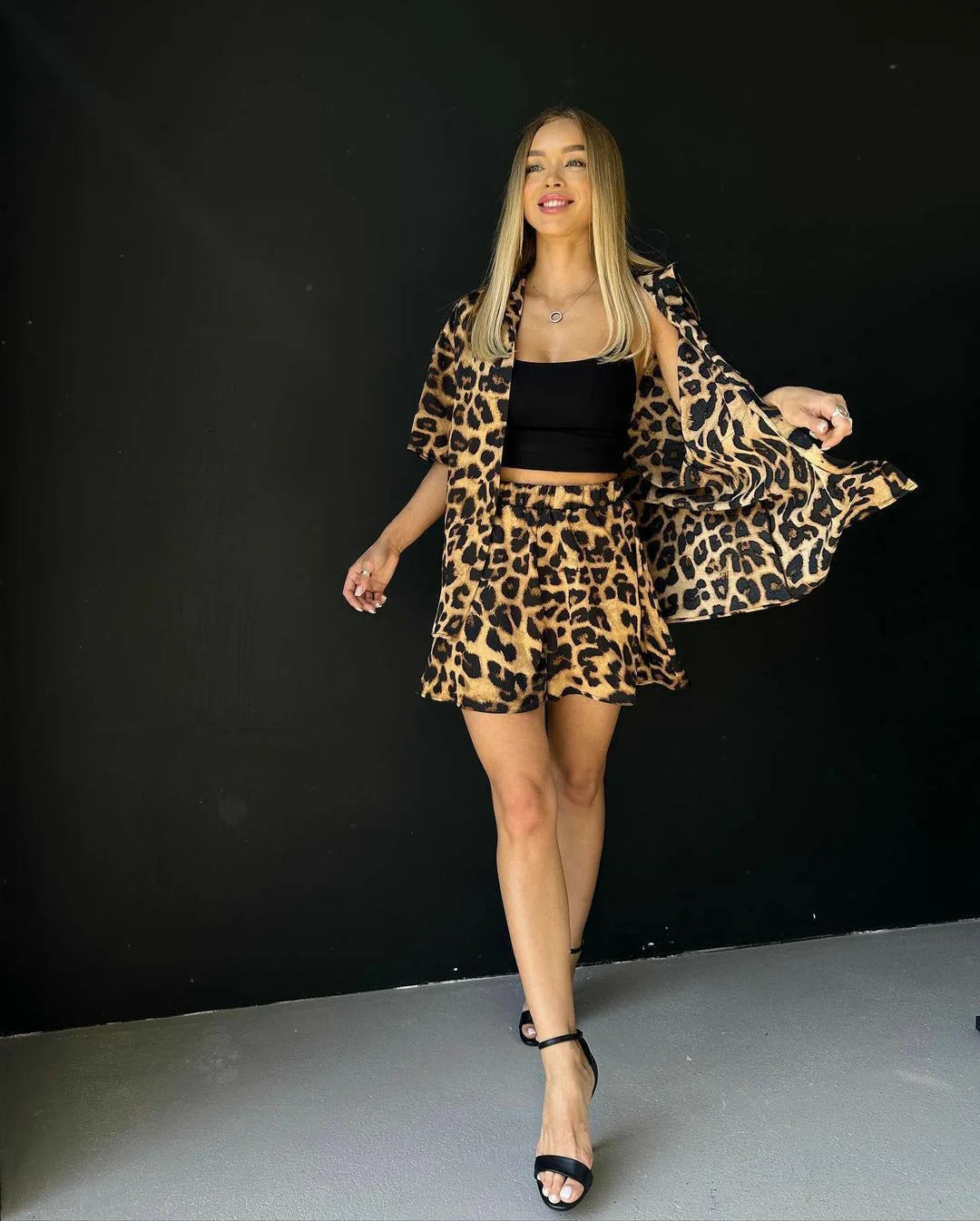 Summer Leopard Print Shorts Two-piece Set Women's Fashion Casual Suit Short-sleeved Shirt Shorts 2-piece Set Women's Streetwear