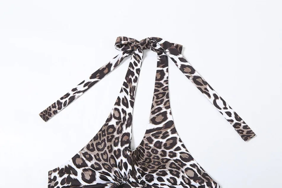 2024 Summer Women's Dress Set Elegant Sexy Backless Sleeveless Lace-up Top Slim Fit Long Skirt Leopard Print Suit Holiday Beach