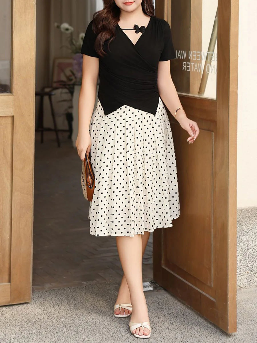 Women's Polka Dot Pleated A-Line Chiffon Skirt, High Waist, Temperament, French, Plus Size, Summer, 2024, Good Quality